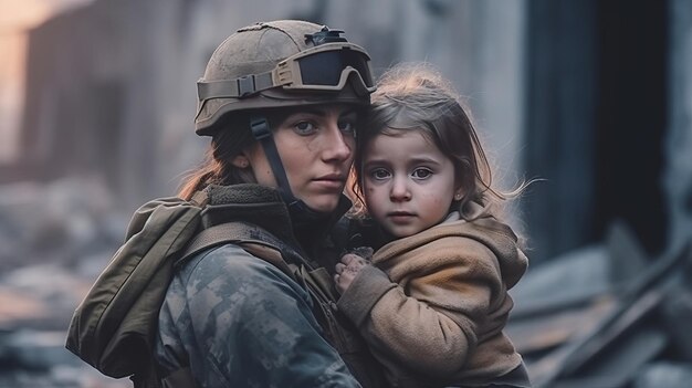 Żołnierz pociesza smutne dziecko-uchodźcę pośród zniszczeń wojennych