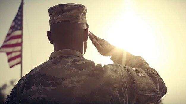 Żołnierz pozdrawia niebo, gdy zachodzi słońce.