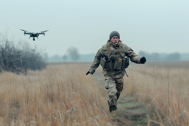 Żołnierz próbujący skończyć dron na jesiennym polu bitwy