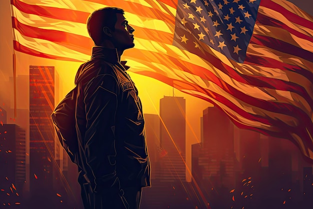 Żołnierz przed flagą Stanów Zjednoczonych Ilustracja abstrakcyjna Generative AI