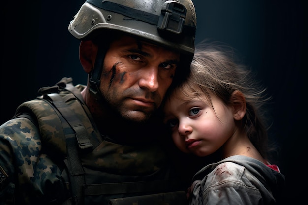 Żołnierz przytula dziecko Wojna w nowoczesnym świecie