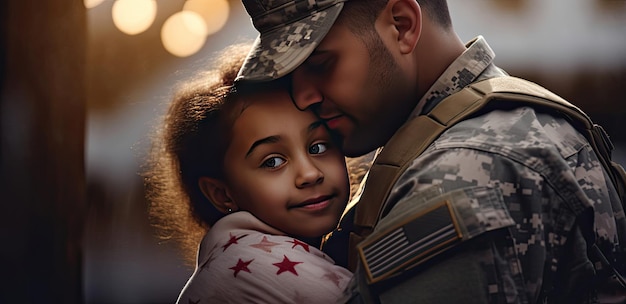 Żołnierz przytulający radosną dziewczynkę z krzepiącym uśmiechem