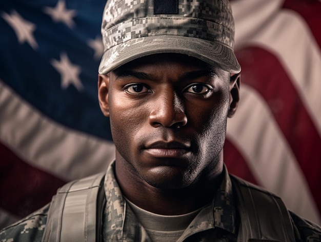 Żołnierz stoi przed flagą wygenerowaną przez AI