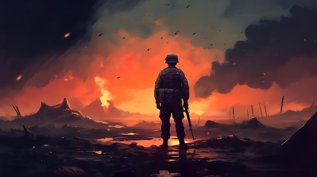 Żołnierz stojący sam po wojnie na polu bitwy