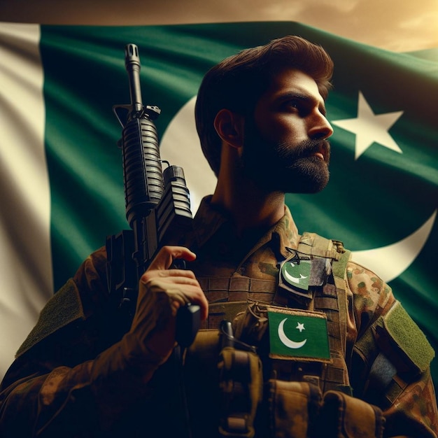 Zdjęcie Żołnierz trzymający pakistańską flagę pakistański żołnierz