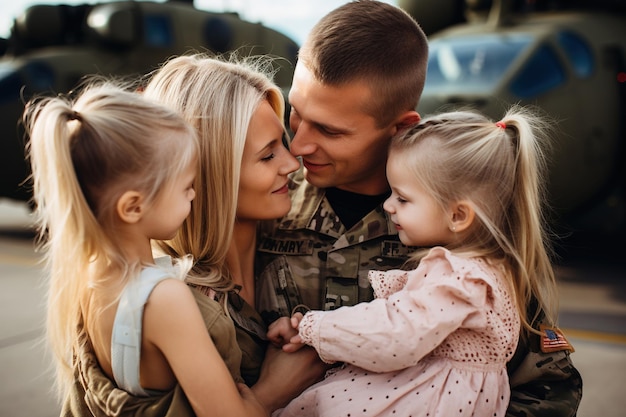 Żołnierz uściska żonę i dzieci na powrocie do domu.