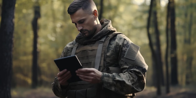 Żołnierz używa tabletu w lesie Rozpoznanie i przeglądanie danych satelitarnych Strategiczne planowanie operacji oparte na systemach śledzenia satelitarnego Współczesna wojna