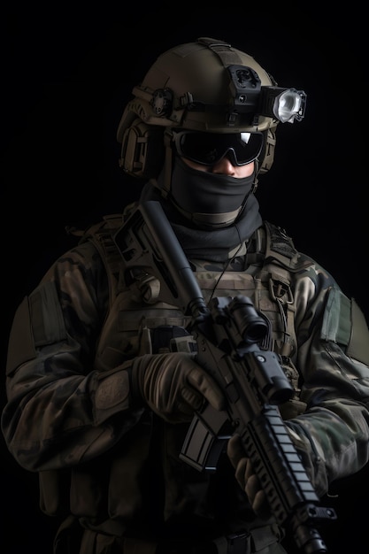 Żołnierz w kamuflażu stoi na czarnym tle.