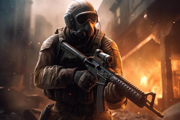 Żołnierz w masce gazowej trzyma broń przed płonącym budynkiem.