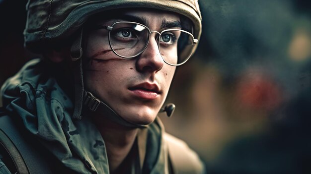 Zdjęcie Żołnierz w mundurze cierpiący na sztuczną inteligencję generującą stres
