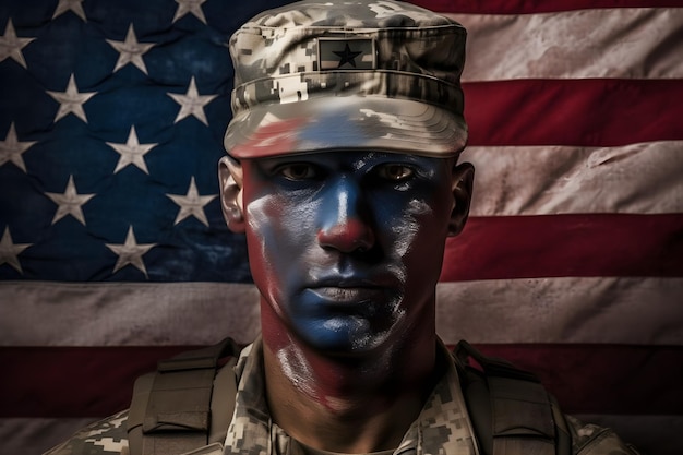Żołnierz w mundurze wojskowym stoi przed flagą z napisem armia.