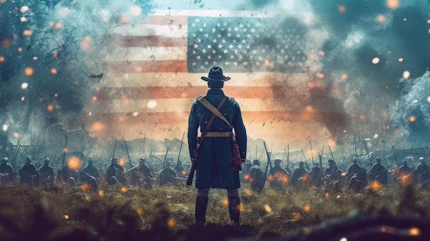 Żołnierz w stylu wojny domowej patrząc na tło flagi Ameryki