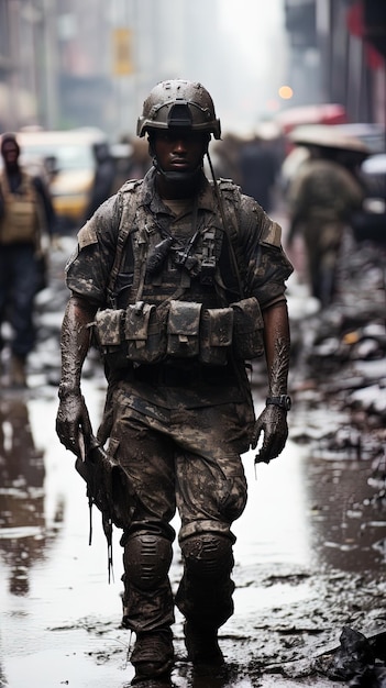 Żołnierz z bronią w ręku idzie ulicą.