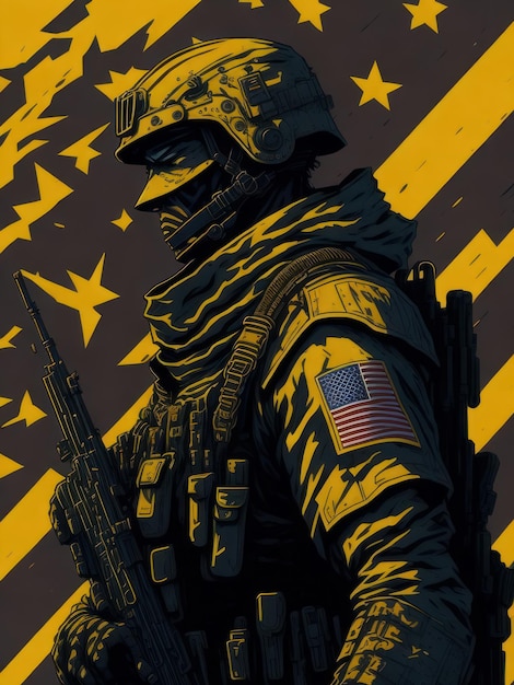 Żołnierz z flagą na piersi stoi na żółto-czarnym tle.
