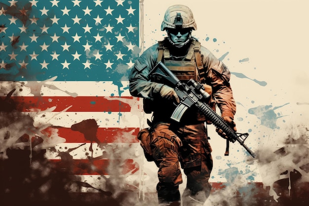 Żołnierz z karabinem maszynowym w rękach biegnie na tle amerykańskiej flagi