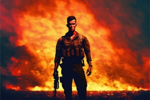 Zdjęcie Żołnierz z pistoletem stojący na tle ognia i patrząc na widza malarstwo ilustracji w stylu sztuki cyfrowej