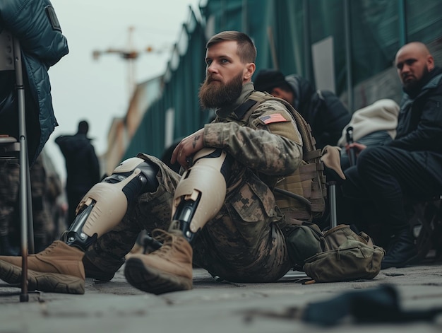Żołnierz z protezą nogi w mieście Closeup