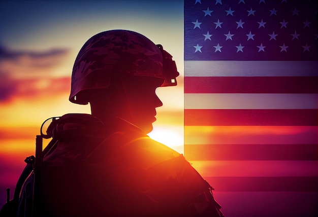Żołnierze armii USA salutujący na tle zachodu lub wschodu słońca i flaga USA Generują Ai