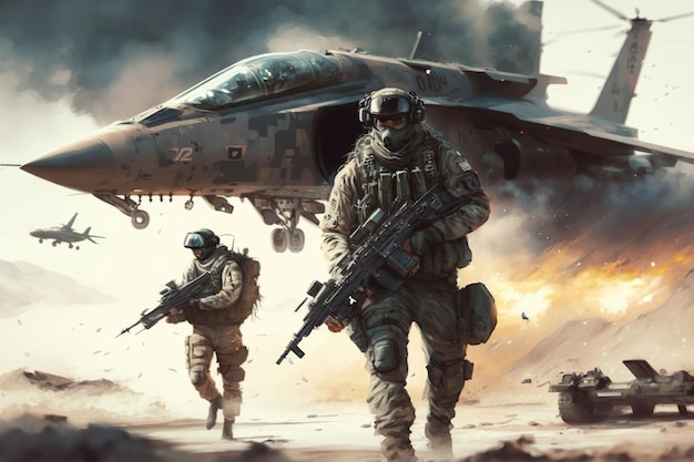 Żołnierze armii walczą z bronią i bronią swojego krajowego myśliwca 2d sztuki gry