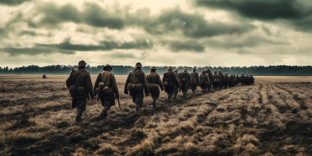 Żołnierze idący przez pole za pochmurnym niebem
