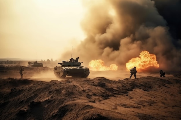 Żołnierze przecinają strefę wojny z ogniem i dymem w pustynnym wojskowym czołgu sił specjalnych