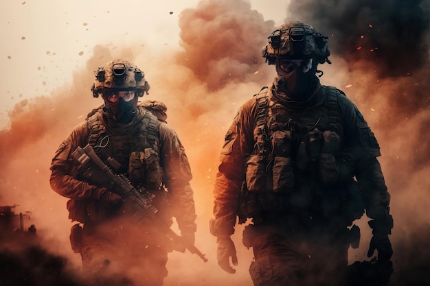 Żołnierze sił specjalnych poruszają się po zniszczeniach wojennych pośród ognia i dymu AI