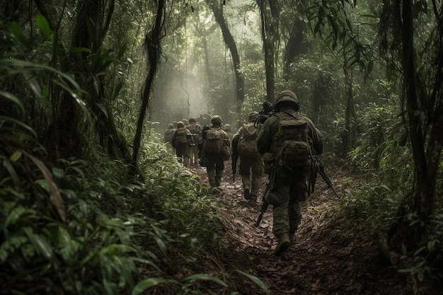 Żołnierze w mundurach kamuflażowych przechodzą przez gęsty las podczas ćwiczeń