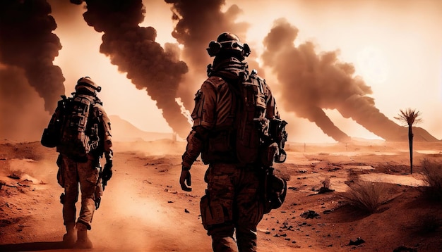 Żołnierze wojskowych sił specjalnych przecinają zniszczoną strefę wojny przez ogień i dym na pustyni Generuj Ai