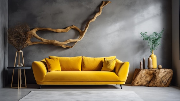 Żółta aksamitna kanapa w pobliżu sztukowanej ściany z drewnianą