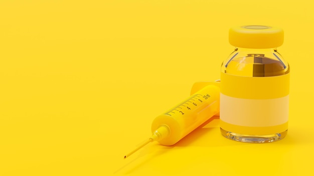 Żółta butelka szczepionki obok żółtej strzykawki. Minimalna koncepcja pomysłu, renderowania 3D.