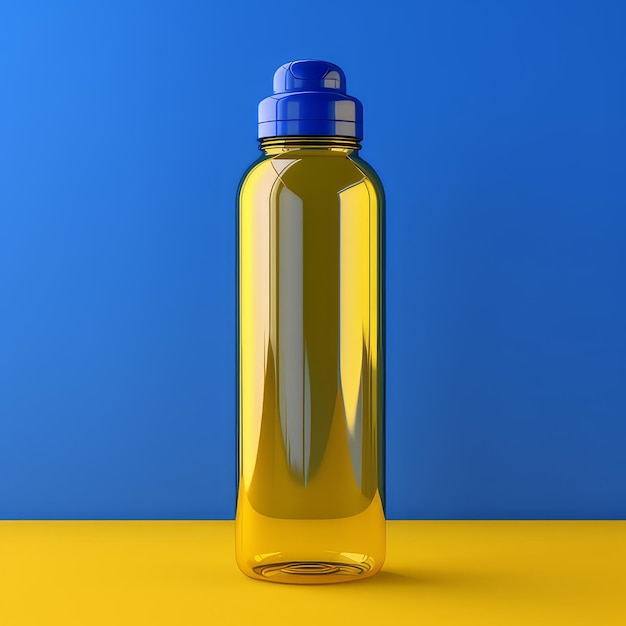 Żółta butelka wody z niebieskim wieczkiem, który mówi