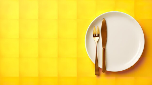 Zdjęcie Żółta ceramiczna płyta z metalowym nożem i widelcem na tle żółtych płytek generative ai