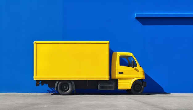 Żółta ciężarówka z pustym bocznym makietą na niebieskim tle wygenerowana przez AI