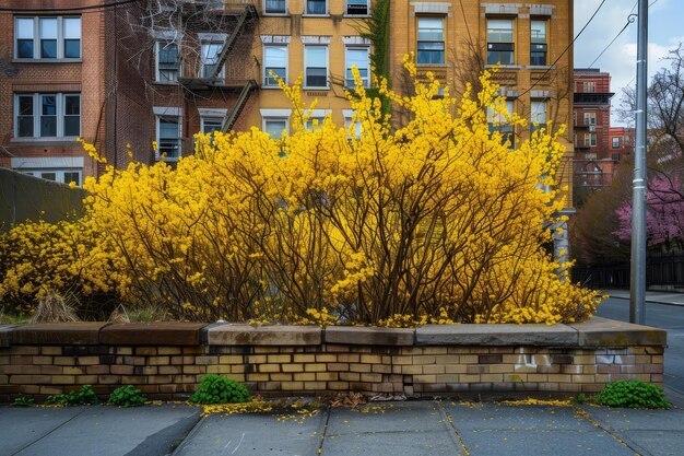 Żółta forsytia kwitnie, rozjaśniając szarą betonową dżunglę miasta