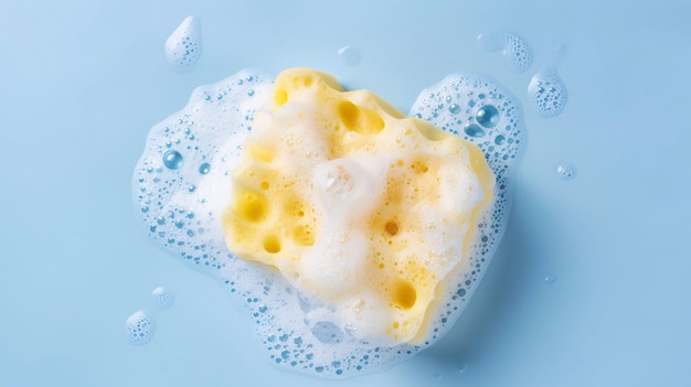 Żółta gąbka z liczbą 2 na tle Światowy Dzień Zdrowia tło bąbelki mydła i gąbkę do czyszczenia