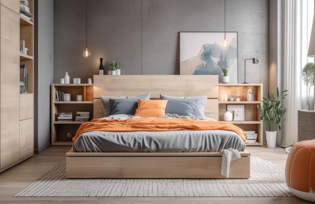 Żółta i ciepła nowoczesna sypialnia z neutralnym drewnianym wnętrzem AI Generative