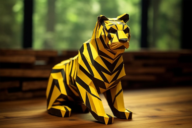 Żółta i czarna rzeźba origami tygrysa siedząca na drewnianym stole
