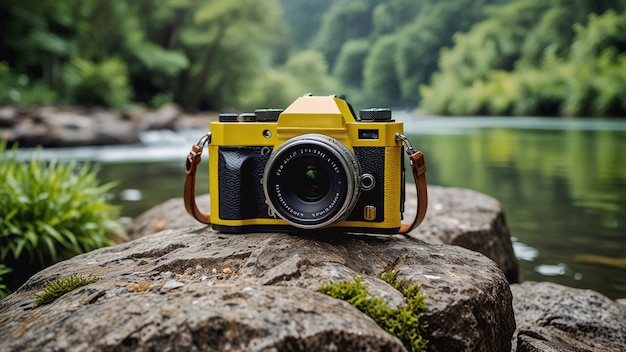 Zdjęcie Żółta kamera bez lustra na skale obok rzeki otoczona bujnymi zielonymi roślinami