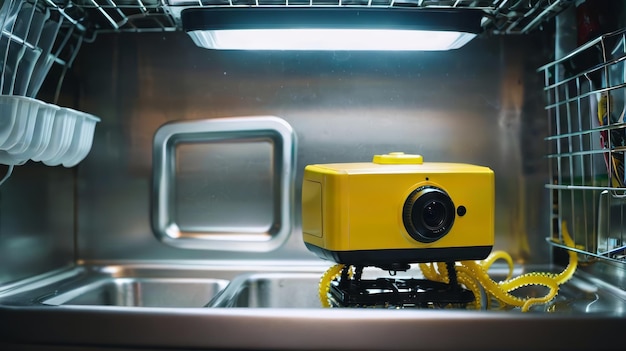 Żółta kamera w metalowym pojemniku