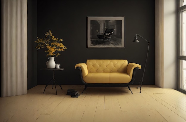 Żółta kanapa w pokoju Domowe wnętrze mieszkania z meblami Generative AI