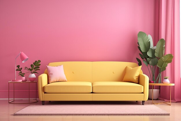 Żółta kanapa w różowym salonie 3D