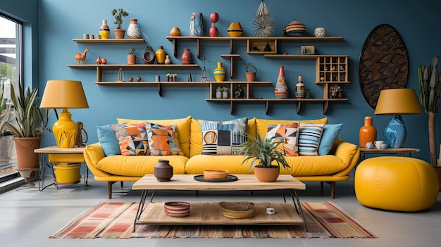 żółta kanapa w salonie jest w jasnym kolorze z żółtą sofą i kolorowym dywanikiem.