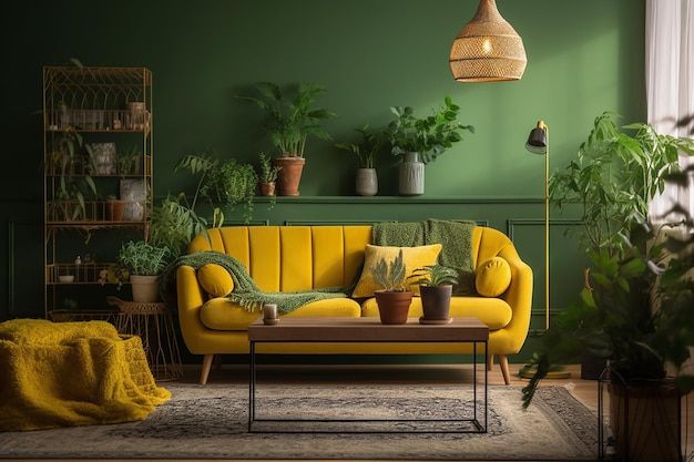 Żółta kanapa w salonie z roślinami na ścianie.