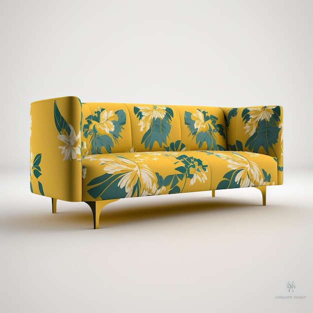 Żółta kanapa z kwiatowym wzorem.