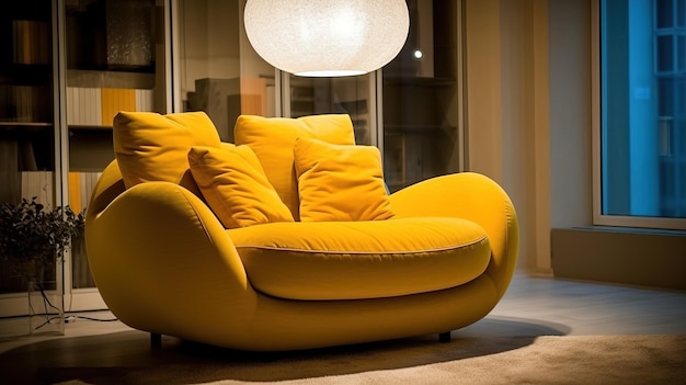 Żółta kanapa z okrągłym światłem zwisającym z sufitu