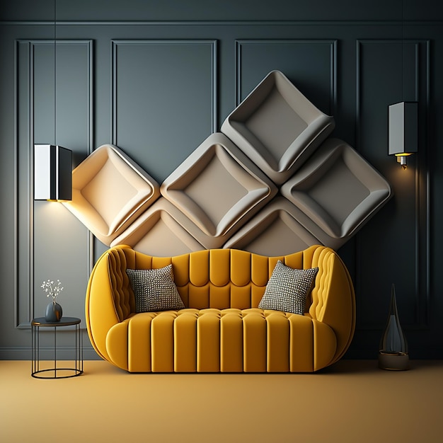 Żółta kanapa z poduszkami w pokoju ze ścianą za nią.