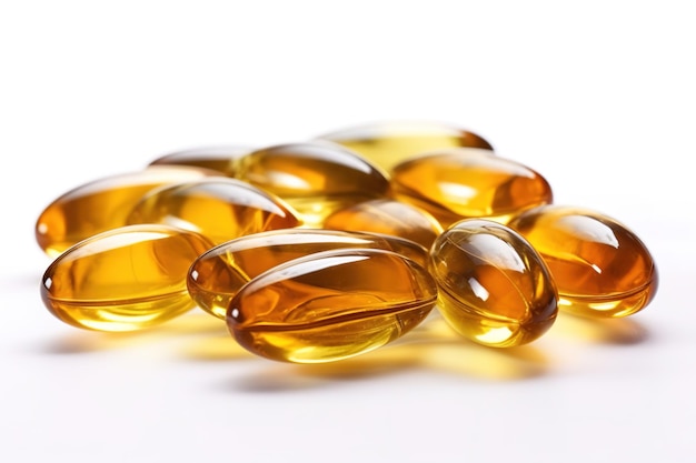 Żółta kapsułka omega 3 na białym tle