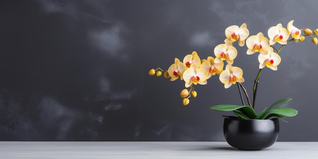 Żółta orchidea w doniczce z kwiatami przestrzeń dla tekstu marmurowe tło Wysokiej jakości zdjęcie Generatywne AI