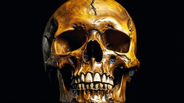 żółta oświetlona czaszka na czarnym tle