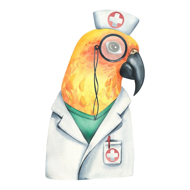 Żółta papuga jest lekarzem w fartuchu lekarskim i czapce z pincenezami Akwarela ilustracja Wyizolowany obiekt na białym tle z kolekcji WETERYNARYJNE Do projektu